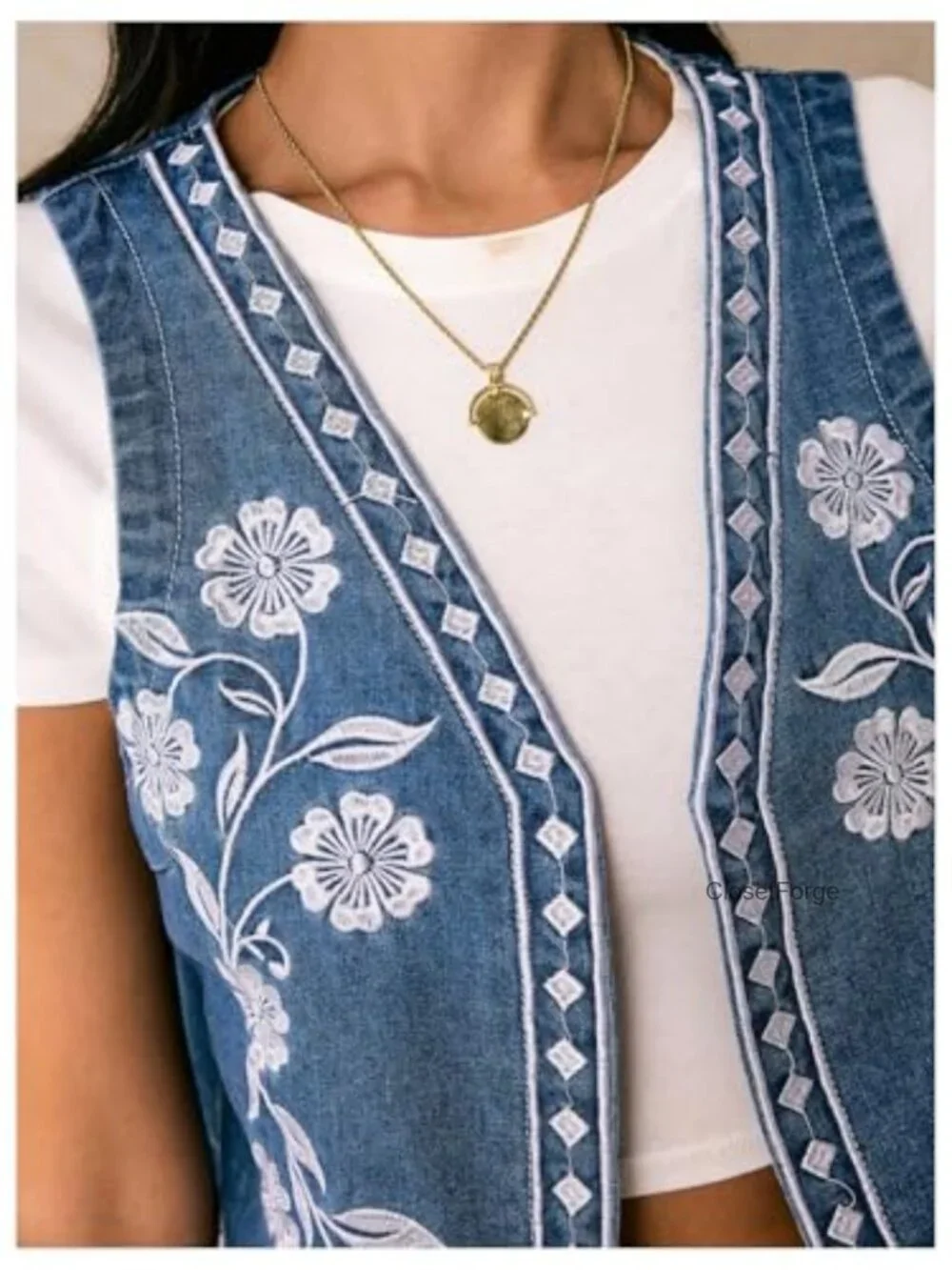 Embroidered Floral Denim Vest Sleeveless Cropped Boho Jacket